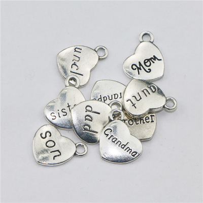 Diy合金饰品配件 桃心 刻字 Mom Dad Sister 家庭心形英文吊坠