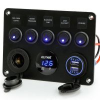 12V防水 汽车改装船舶开关面板+ 5位猫眼开关组合+新款USB