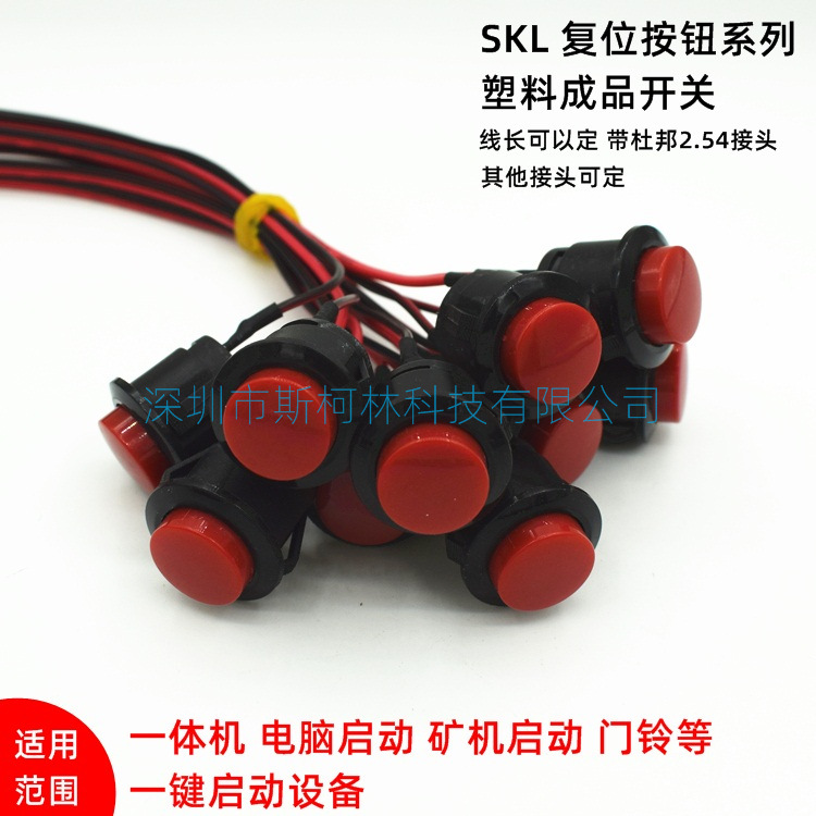 16MM塑料复位点动开关 一体机电脑启动矿机开关带线50CM2.54接口
